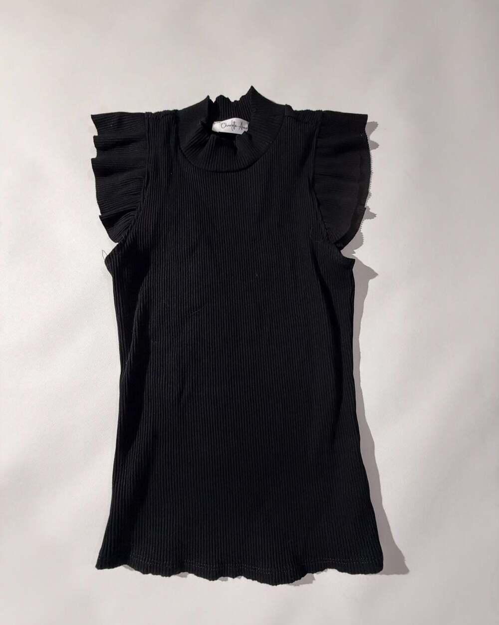 Charlotte Avery Girl Black Ribbed Mock Neck Ruffle Sleeveless Top